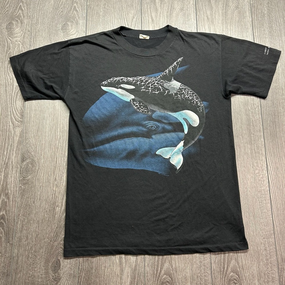 Vintage 1994 Orca Whale Large Graphic T-Shirt Black Phil M Cabot Nova Scotia Art